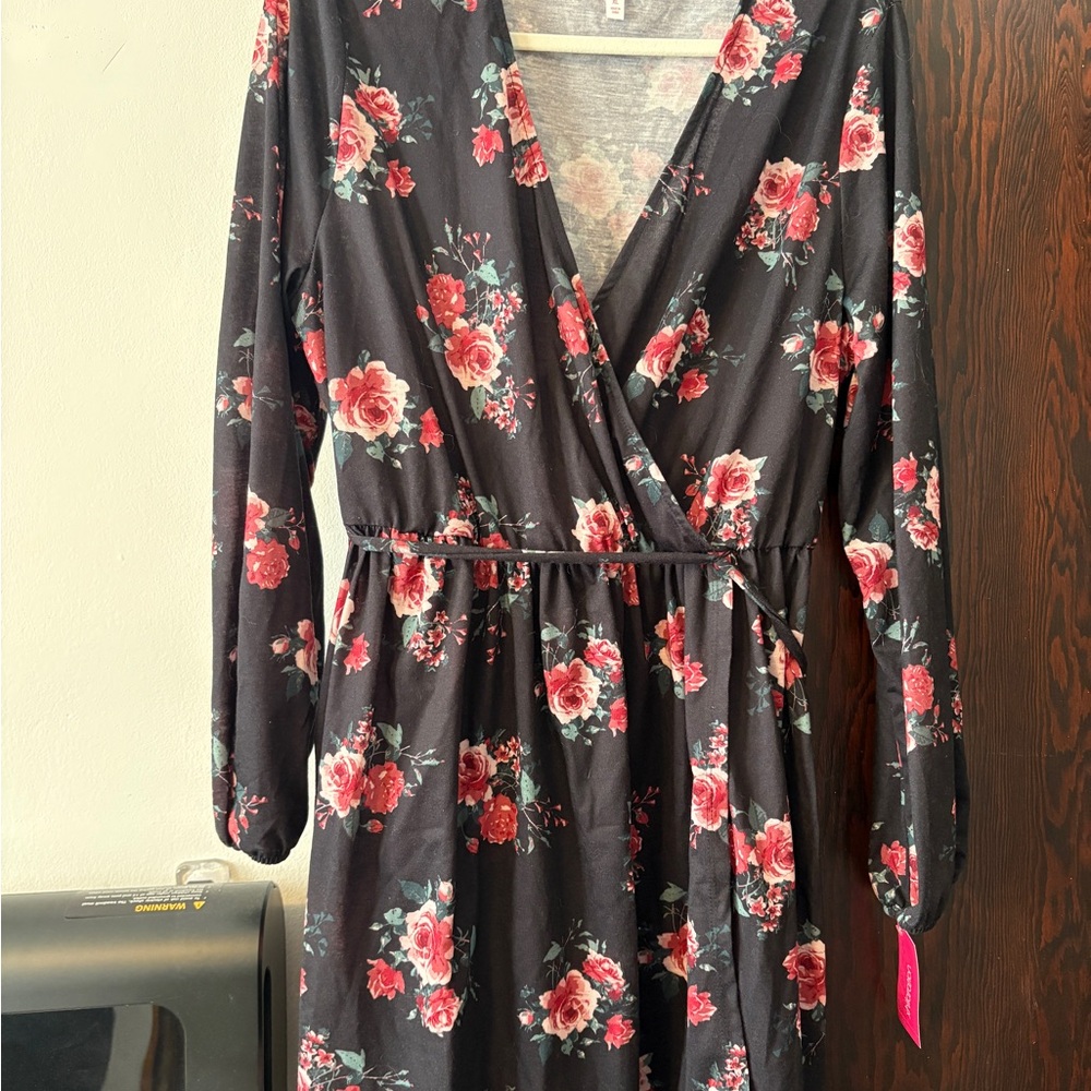 Floral Wrap Dress - Black and Red